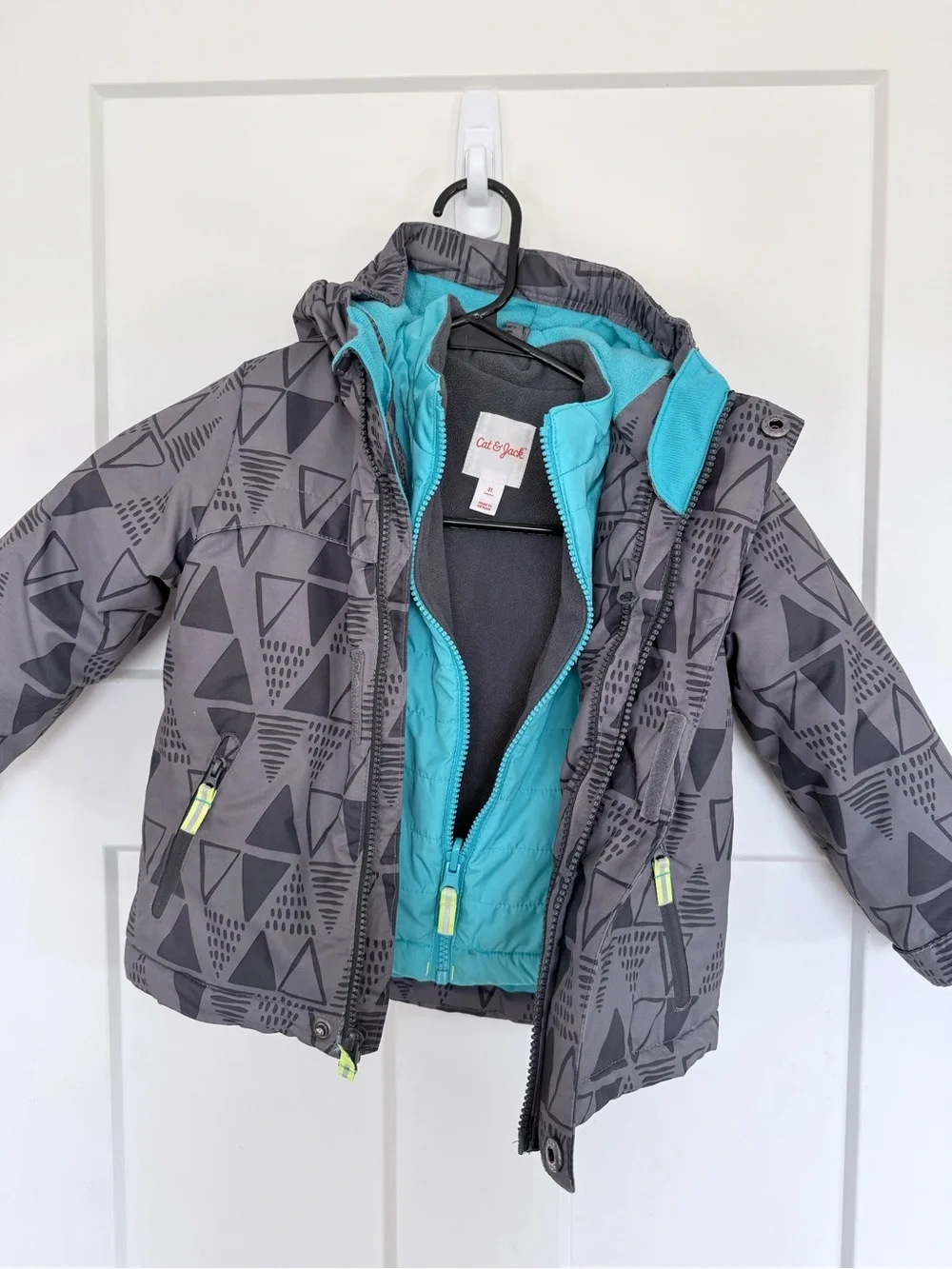 Cat & Jack Gray Geometric Hooded Puffer Jacket with Lime Accents